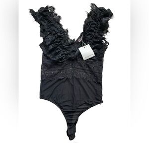 Black Lace Ruffle Bodysuit